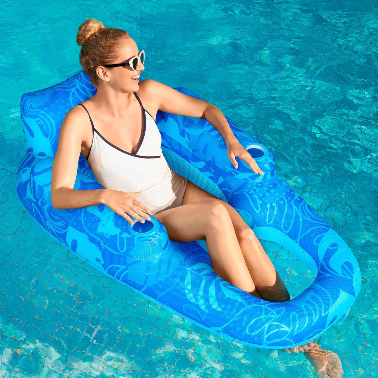 Premium Inflatable Pool Floats Lounger Adult, Fabric Pool Floaties Lounge with Cup Holders Backrest Recliner for Pool Party